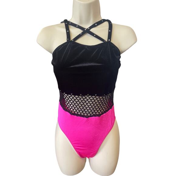 Art Stone Girls' Pink Gymnastics Leotard w Black Lace & Rhinestones Child Large - Picture 1 of 2